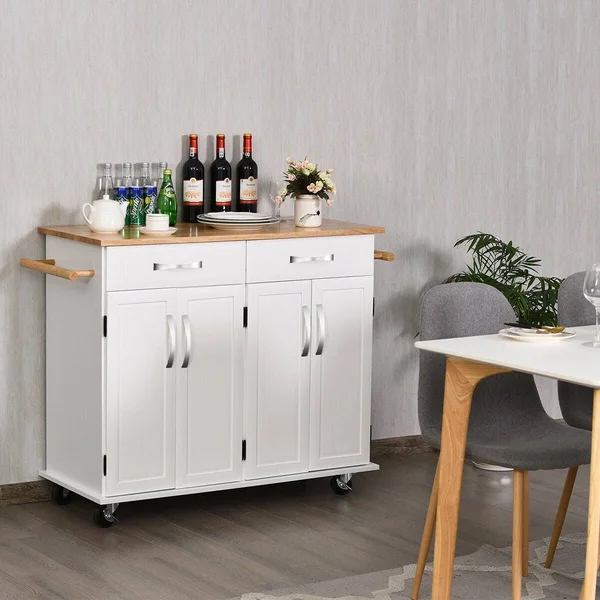 Costway Kitchen Trolley Island Utility Cart Wood Top Rolling Storage - White