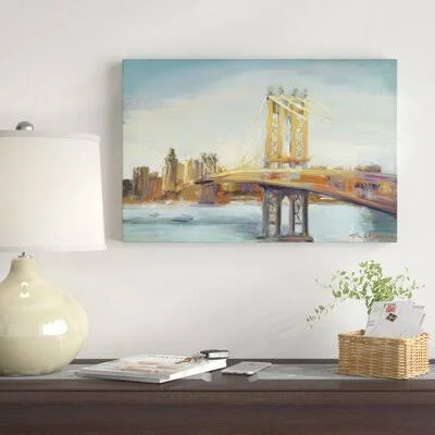 &Sunny Manhattan Bridge& Print East Urban Home Format: Wrapped Canvas, Matte Color: No Matte, Size: 20x22 H x 30x22 W
