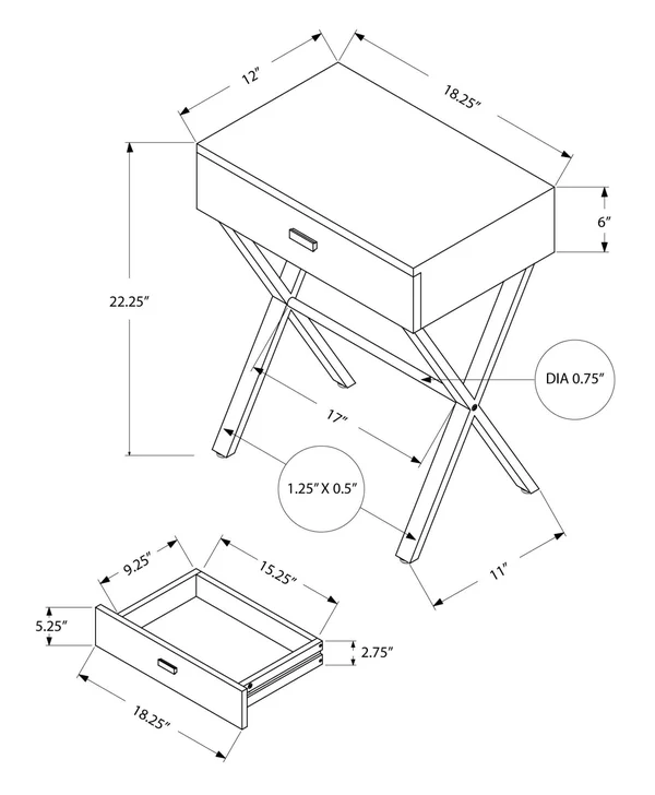 12x22 x 18.25x22 x 22.25x22 Grey Finish and Black Metal Accent Table