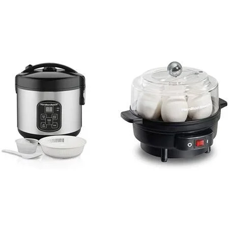 Hamilton Beach Digital Programmable Rice Cooker & Food Steamer - 8 Cups Cooked (4 Uncooked) & Electric Egg Cooker and Poa