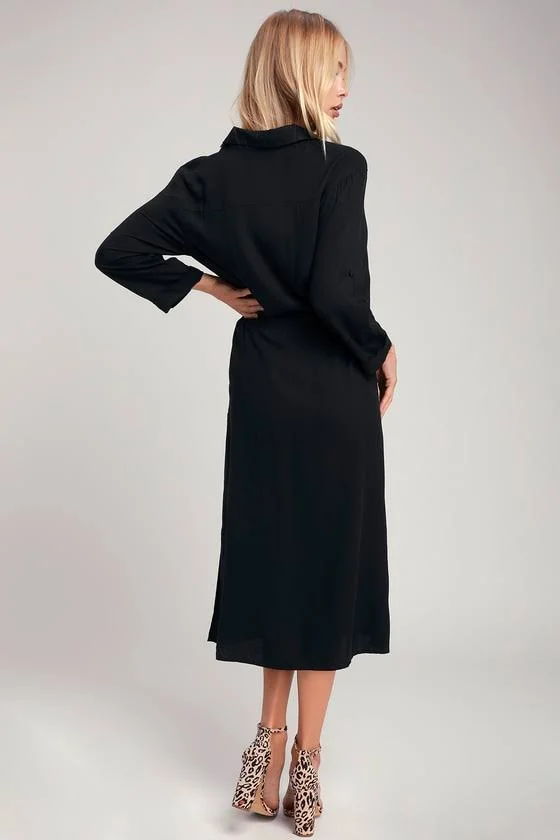 Lulus - Brewer Black Midi Shirt Dress, Size Small, 100% Rayon