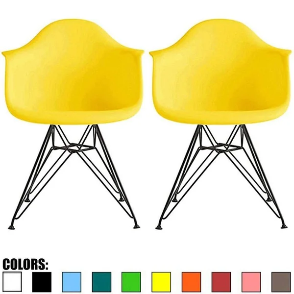 2xhome Set of 2 Color Modern Arm Chairs for Dining Room Kitchen Solid Molded Plastic Seat Dark Black Wire Eiffel Legs Dsw