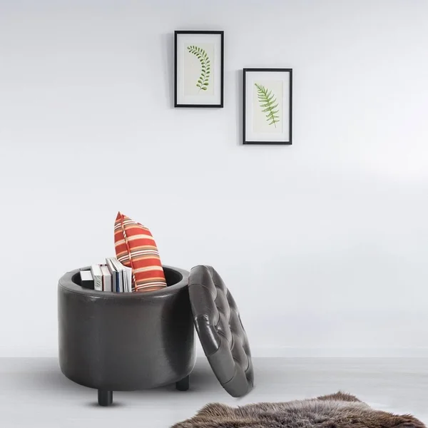 Phi Villa Storage Ottoman Tufted Round Footstool - Black