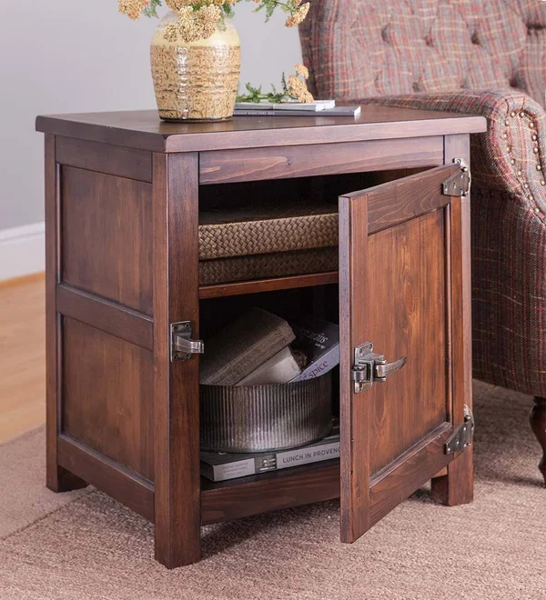 Portland Ice Box Wooden Side Table with Storage, Walnut Finish, Brown