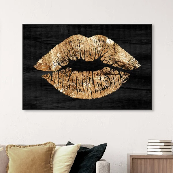 Oliver Gal Fashion and Glam Wall Art Framed Canvas Prints &Solid Kiss Night& Lips - Gold, Black - 54 x 36