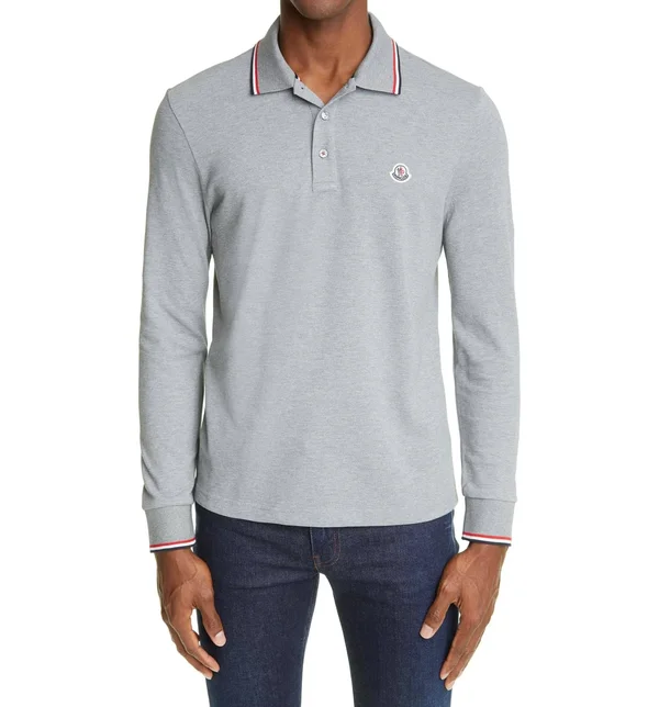 Men's Moncler Tipped Long Sleeve Piqué Polo - Size X-Large - Blue