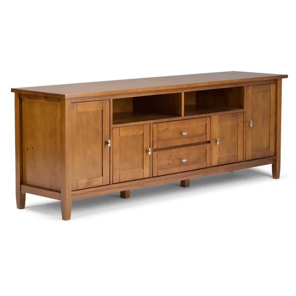 Simpli Home Warm Shaker Solid Wood 72 in. Wide Transitional TV Media Stand in Light Golden Brown for TVs Up to 80 in.