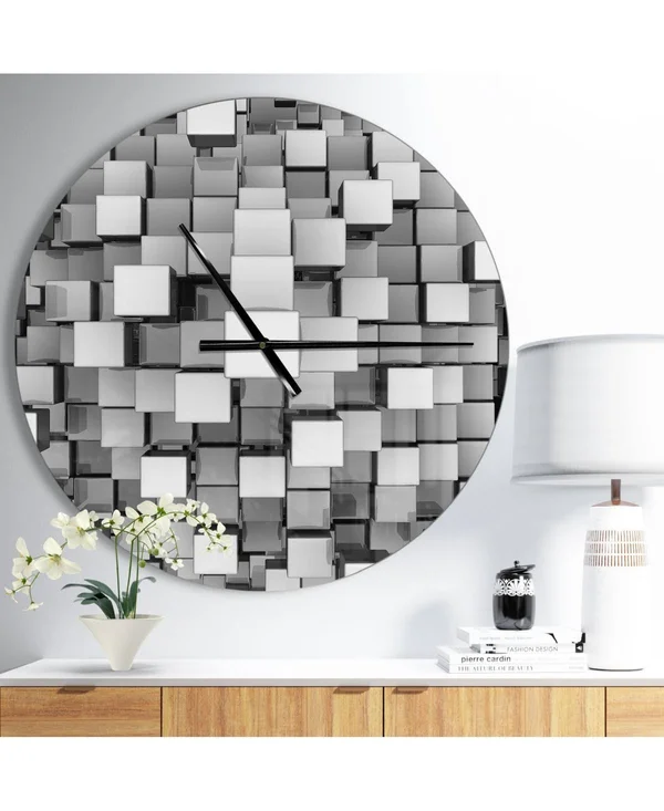 Designart &Black and Grey Cubes & Modern Wall Clock, Size: 23 inch x 23 inch, Silver