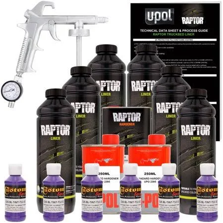 Custom Shop U-POL Raptor Bright Silver Urethane Spray-On Truck Bed Liner Kit w/ Free Custom Coat Spray Gun with Regulator, 6 Lit