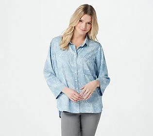 Side Stitch Tencera Printed 3/4-Sleeve Buttonfront Tunic - Size Medium, Palm Print
