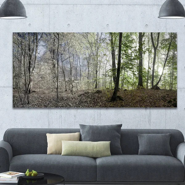 Designart &Green Morning in Forest Panorama& Landscape Large Canvas Art Print - Green - 40 in. Wide x 30 in. High