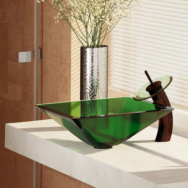 Rene R5-5003-IVY-WF-ORB Ivy Colored Glass Vessel Sink with Oil Rubbed Bronze Waterfall Faucet - Sink Ring, and Vessel Pop-Up Drai