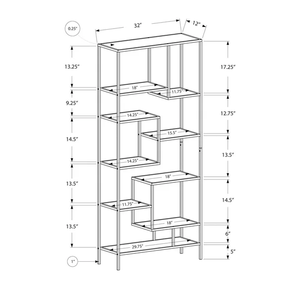 Monarch Bookcase - 72x22H - Silver Metal with Tempered Glass