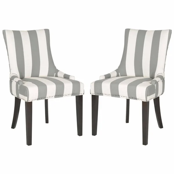 HN Home Bridgeport Transitional Awning Stripes Dining Chair with Silver Nail Heads - Set of 2 Gray, Bone