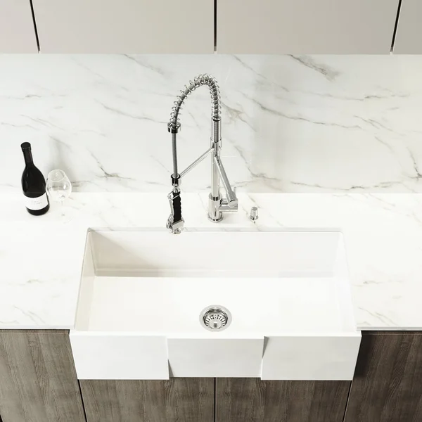 Vigo VG15798 All-in-One 36x22 Square Front Matte Stone Farmhouse Apron Kitchen Sink Set with Zurich Faucet in Chrome STRAINER an