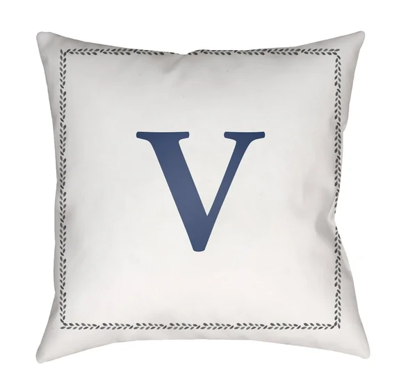 18x22 White and Blue V Initial Printed Square Throw Pillow Cover