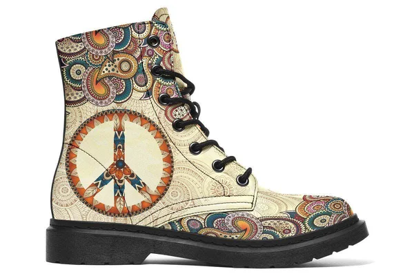 Tan Peace Mandala Boots - Peace Sign Boots, YesWeVibe Women's Boots, Black Sole, US 8, EU39.5