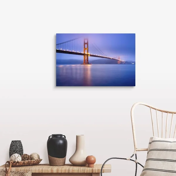 Golden Gate Bridge in San Francisco at Dusk - Bridge Lights Light Up Low Fog., Canvas Wall Art, 30x20, Great Big Canvas