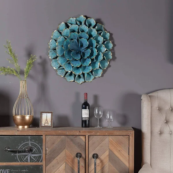 Distressed Teal Blue Metal Flowered Wall Art 3D Hanging Flower Sculpture Metallic Gold Accents Living Room Bedroom Home Decor, 2