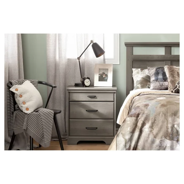 South Shore Versa Nightstand with Charging Station and Drawers - Gray Maple