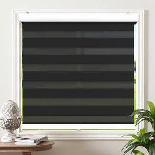 Biltek Cordless Zebra Roller Blinds Sheer Shades, Free-Stop Combi Blinds, Dual Layer, Sheer or Privacy - Black, 39x22W x 72x22H