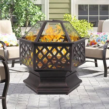 Fire Pits for OUTSIDE - Uhomepro 24 inch Bonfire Wood Burning Fire Pit with Screen Lid, Iron Brazier Outdoor Fire Pit, Backyard P