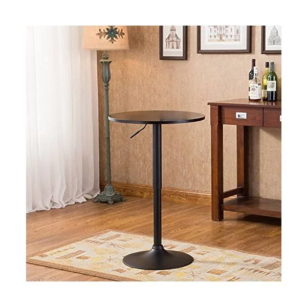 Roundhill Furniture Belham Black Round Top Adjustable Height Bar Table & 2 Swivel Black Bonded Leather Adjustable Bar Stool