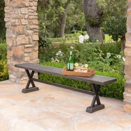 Sam Outdoor Concrete and Steel Dining Bench, Brown, Black