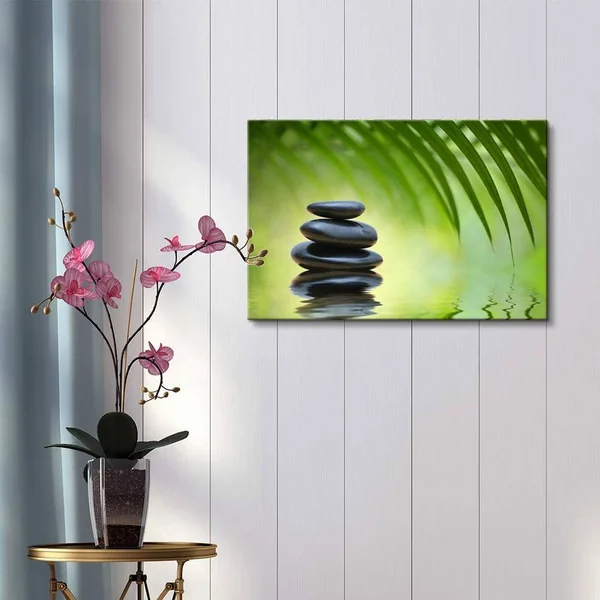 Green Bamboo Leaves Over Zen Stones Pyramid Reflecting in Water Surface for Spa Decor Wall Decor Created by A Professional Artis