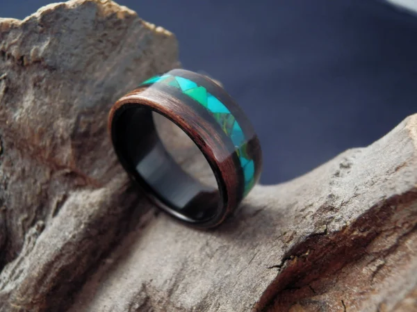Bentwood Macassar Ebony Wooden Ring with Green - Emerald Mosaic Style Inlay - Men's Wood Ring - Women's Wood Ring, Green Inlay