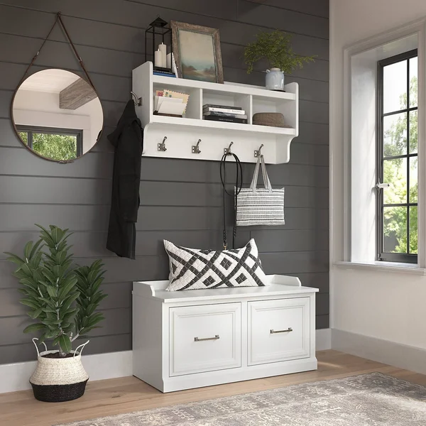 kathy ireland Home Woodland - Storage bench and wall coat rack set - 12 hooks - laminated engineered wood - white ash
