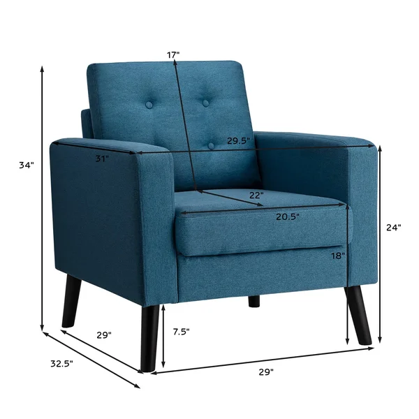 Costway Modern Tufted Accent Chair Fabric Armchair Single Sofa w/ Rubber Wood Legs Blue