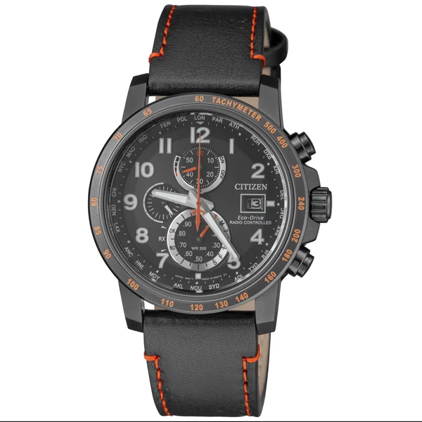 Citizen Eco-Drive Mens Black Radio Controlled Chronograph Leather Watch Black