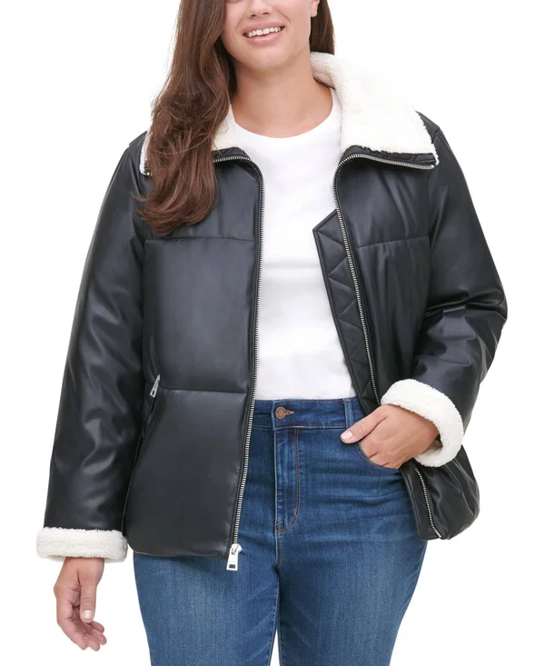 Levi&s Trendy Plus Size Sherpa-Trimmed Faux-Leather Puffer Jacket - Black/Cream