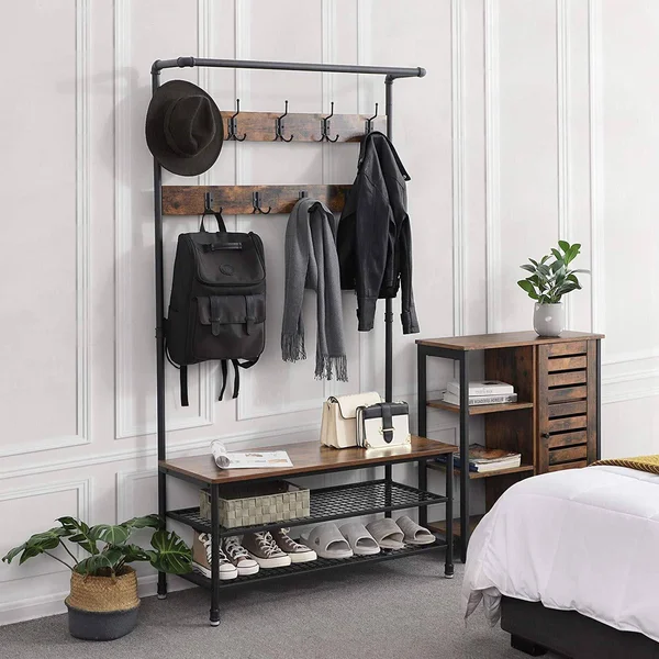 Benjara Metal Coat Rack with Wooden Bench and Two Wire Meshed Shelves - Brown and Black