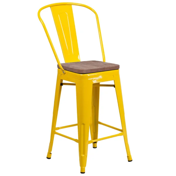Flash Furniture 24x22 High Metal Counter Height Stool with Back and Wood SEAT, White