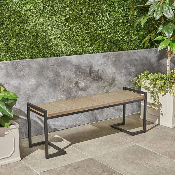 Noble House Hopkins 54 in. Grey Wood and Black Metal Outdoor Bench