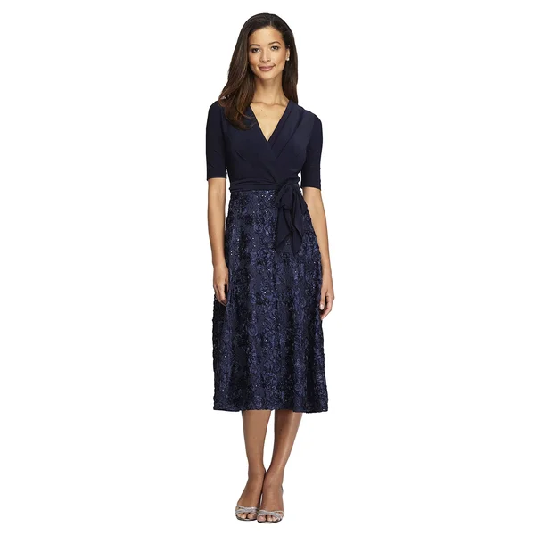 Alex Evenings Women's Rosette Tea-Length Dress - Blue 16