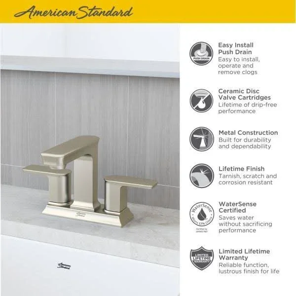 American Standard Forsey 4 in. Centerset 2-Handle Bathroom Faucet with Easy Install Push Drain in Brushed Nickel 7023201.295