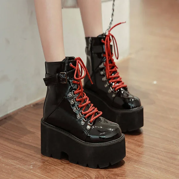 Gothic Punk Wing Platform Boots Red Shoelace, EU34, 22.0cm, 8.67x22