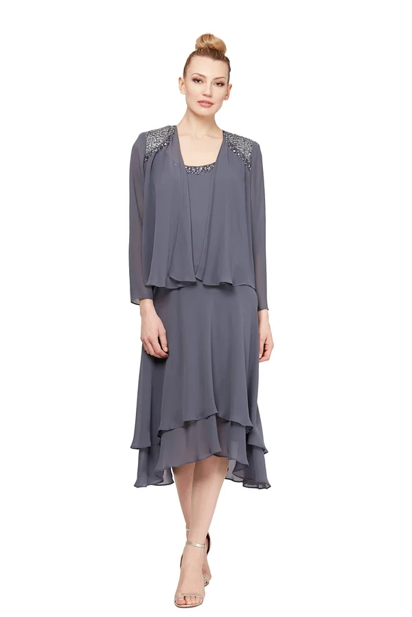 Ignite Evenings Sequined Shoulder Midi Length Jacket Dress - Steel 12