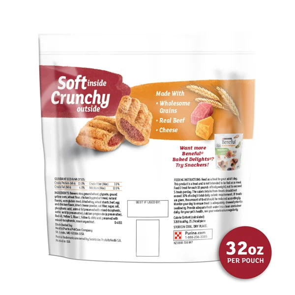 Purina Beneful Dog Treats - Baked Delights Hugs with Real Beef & Cheese, 32 oz. Pouch