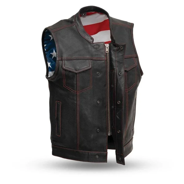 Born Free Motorcycle Leather Club Vest (Red Stitch) - Size: 8XL