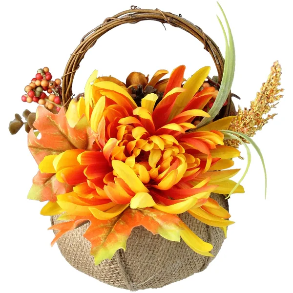 9x22 Autumn Harvest Burlap Pumpkin with Flowers and Fruit Thanksgiving