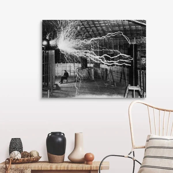 Bolts of Electricity Discharging in The Lab of Nikola Tesla, Canvas Wall Art, 40x30, Great Big Canvas