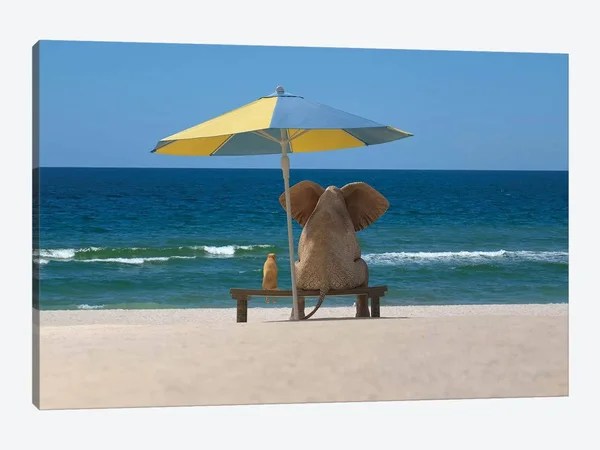 Elephant and Dog Sit Under An Umbrella on The Sea Beach Canvas Artwork Print by Mike Kiev ( Animal Art > wildlife > Elep