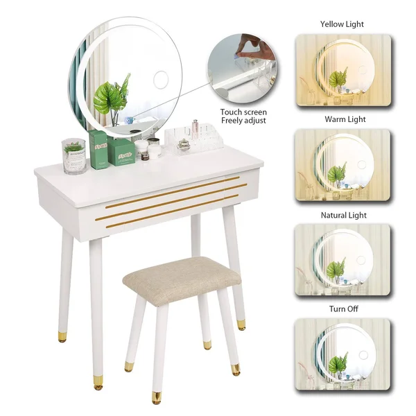 ARTETHYS Vanity Makeup Table Set with 3 Modes Touch Screen Adjustable Lighted Mirror, Cushioned Stool, Big Sliding Drawers Free