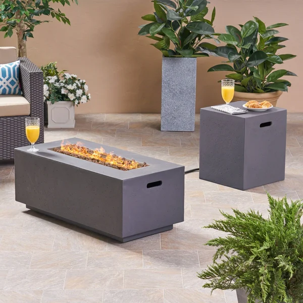 Leo Outdoor 40x22 Rectangular Light Weight Concrete GAS Burning Fire Pit, Dark Gray