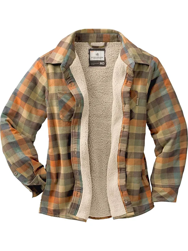 Women's Plaid Flannel Poly Fleece Lined Open Country Shirt Jacket Brown L