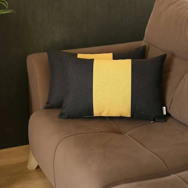 Set of 2 Lumbar Pillow Covers - Black and Yellow